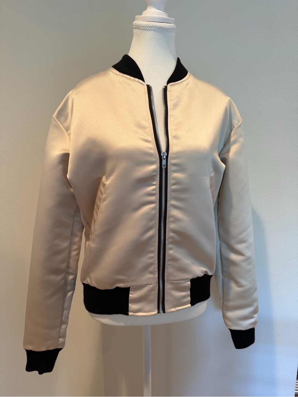 Urban Renewal Cream Satin Embroidered Crane Bomber Jacket with Orange Accents - Picture 2 of 5